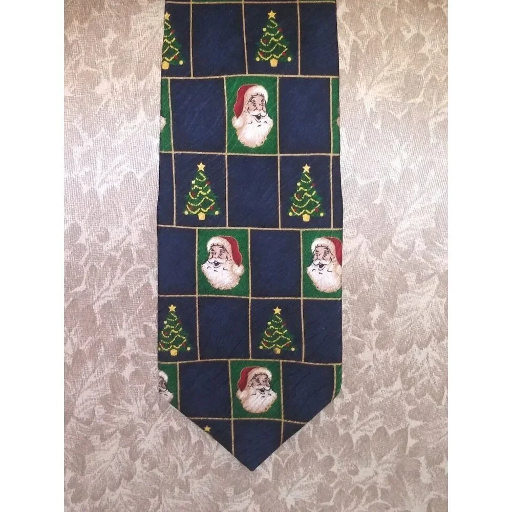 Robert Stock Mens Tie Necktie Santa & Christmas tree print 100% SILK USA MADE